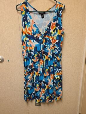 Style & Co. Blue Navy Orange Yellow Abstract Floral Midi Dress